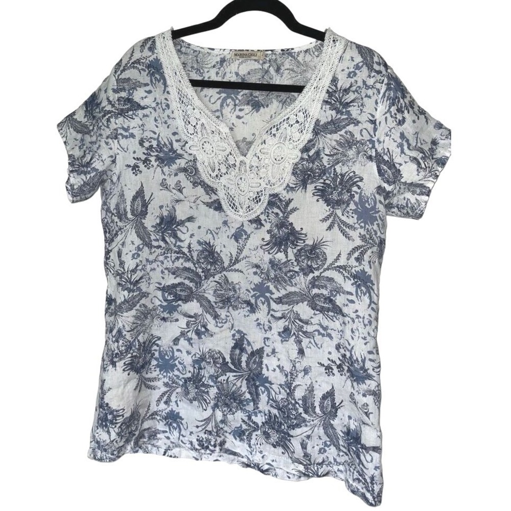 Marina Gigli Italy Linen Toile Floral Lace V-Neck Short Sleeve Top Blue White L